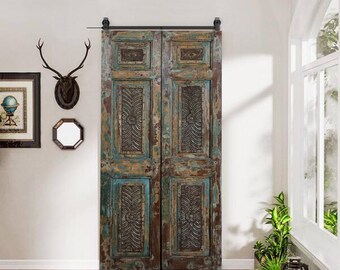 Antique Hand-Carved Teak Double Doors | Boho Barn Door with Floral Blue Hues| Vintage Statement Pantry Closet Door | Rustic Farmhouse 80x36