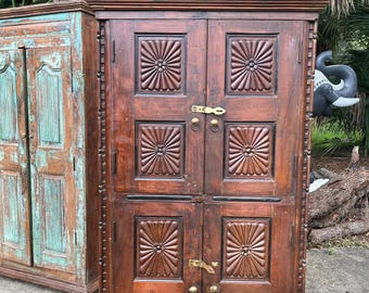 Antique Sunray Carved Wood Armoire: Reclaimed Rustic Country Cabinet Home Decor 66