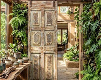 Boho Antique Carved Double Door | Blue Distressed Finish Floral Geometric Indian Teak Barn Doors 80x32