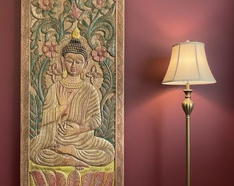 Hand Carved Dhayana Buddha Reclaimed Wood Door: Colorful Indian Yoga Art 83x36