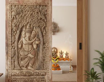 Vintage Dancing Ganesha Wall Sculpture – Vintage Brass Studs Indian Carved Wooden Panel Limewash Wall Art 84x41