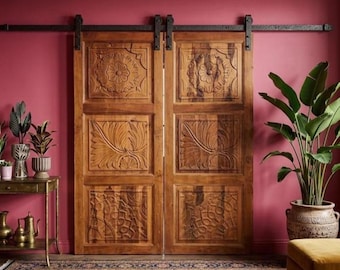 Lotus Carved Natural Wood Doors: Vintage Botanical, Hinged or Sliding Barn Doors, 80x30in
