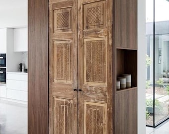 Vintage Carved Wood Double Doors – Rustic Natural Wooden Barndoors Organic Decor 80x34