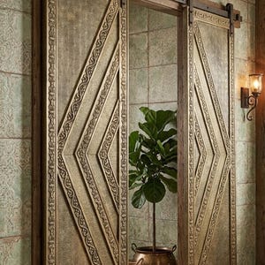 May include: Ornate, sliding barn doors with a geometric design. The doors are a warm gold color with dark brown wooden frames and hardware. The doors are set against a green tiled wall, with a plant in a copper pot visible.