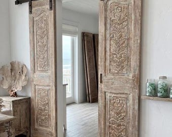 Antique White Floral Carved Wood Double Doors: Custom Size Boho Barndoors 80x35