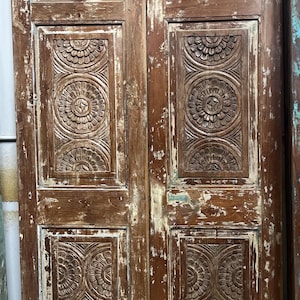 Antique Carved Teak Double Doors | Boho Farmhouse Barn Door Floral Vintage Artsy Statement Door | Custom Size | Natural Reclaimed Wood 80x42