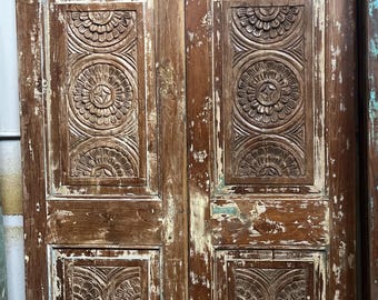 Antique Carved Teak Double Doors: Vintage Home Decor Farmhouse Floral Barn Doors (80x42