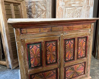 Antique Teak Sideboard Credenza with Sunburst Panels | Boho Pink Chest Deep Cabinet 47X40