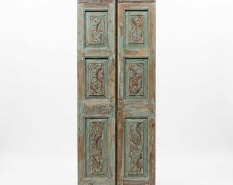Rustic Hand-Carved Double Door Panels Antique Green Patina Botanical Barndoors 80x28