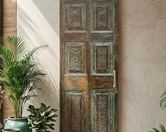 Antique Carved Wood Single Door | Distressed green Floral Pantry Door 80x24
