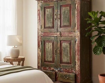 Antique Carved Wood Armoire: Vintage Home Decor Farmhouse Cabinet