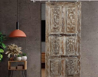 Vintage Botanical Carved Door Bohemian Floral Hand Carved Door Reclaimed Solid Wood Farmhouse Single Interior Door Artsy Barn Door 80x36