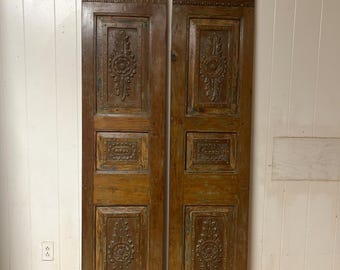 Antique Double Doors, Carved wood Floral Barn Doors: Hinged or Sliding Doors, 80x36