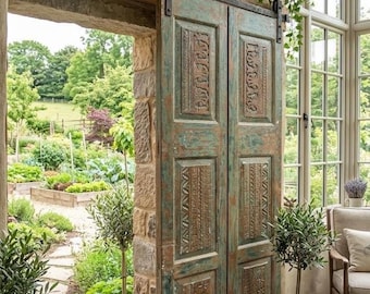 Vintage Carved Wood Double Doors, Pantry, Closet, Farmhouse Sliding Barn Doors (80x32)