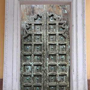 Antique Teak Barn Doors – Rustic Carved Farmhouse Double Doors, Vintage Ranch Entry Gates, Handcrafted Wood Architectural Design 81x42