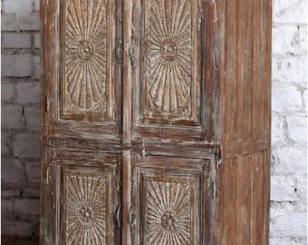 Antique Teak Carved India Armoire | Boho Farmhouse Vintage Cabinet with Brass Accents 76x43