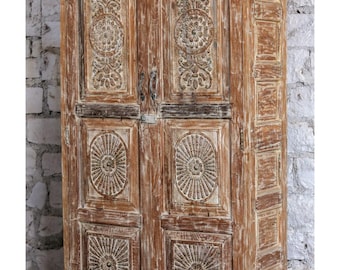 Antique 19C Indian Armoire: Ornate Teak Carved Sunray Accent Wardrobe Cabinet, 80x45