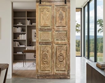 Antique Carved Door Rustic Modern Farmhouse Barn Door Solid Reclaimed Woods 80X35