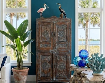 Antique Indian Lotus Carved Armoire with 4 Doors, Distressed Blue Accent Cabinet 70x36