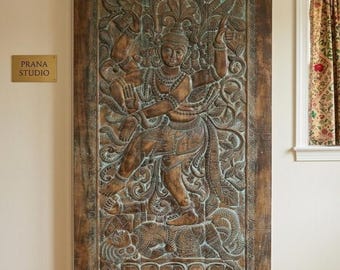 Shiva Nataraja Temple Art, Dancing Shiva Wall Sculpture Carved Barndoor, Yoga Decor (84x41in)
