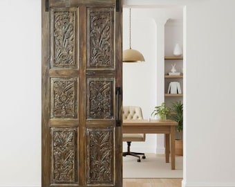 Vintage Floral Carved Reclaimed Wood Door: 84x36 Rustic Modern Barndoor Panel