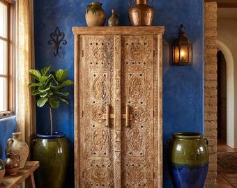 Vintage Carved Armoire Rustic Latch Boho Large Tribal Cabinet Bookcase 80x44