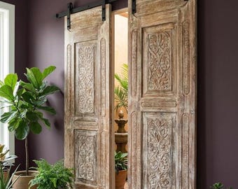 Antique Carved Wood Entry Doors Whitewashed Floral Panel Sliding Barn Door 96X27