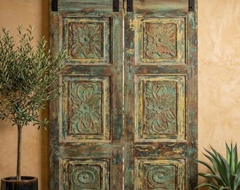 Antique Floral Teak Carved Solid Wood Double Doors – Distressed Green Floral Barn Door 80x34