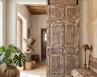 Antique Rustic Modern Floral Carved Wood Door | Boho Farmhouse Architectural Salvage (80x31)