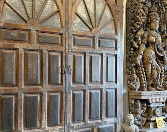 Antique Double Door with Arched Transom Indian Architectural Salvage Wooden Entry Door (118x92)