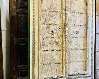 Antique Whitewashed Hand-Carved Teak Door Panel | Boho Barn Door with Brass Accents | Vintage Statement Wall Decor | Rustic Farmhouse 80in