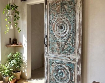 Vintage Lotus Carved Wood Barn Door with Brass Studs Yoga Resort Wall Art 84x36