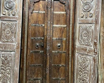 Antique Arched Carved Teak Double Door Panel | Boho Barn Door with Rustic Accents | Vintage Statement Wall Decor | Rustic Farmhouse 81x40in