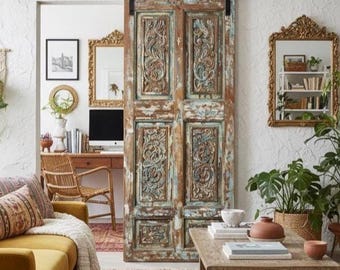 Floral Carved Teak Barn Door: Antique Rustic Farmhouse Decor 80x32.5