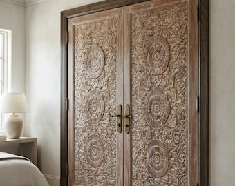 Double Side Carved Lotus Wood Entry Doors: Rustic Modern Statement Sliding Barndoors 85x41.5in
