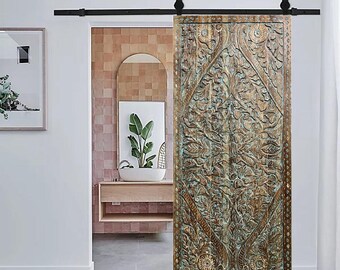 Tree Of Life Door Hand Carved Door Interior Barn Door Wall Sculpture Vintage Indian Carving Custom Artisan Barndoor 96x42in