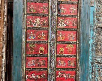 Antique Indian Temple Door, Hand painted Muladhara Ganesha YOGA RESORT Barn Door 88x42