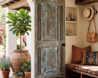 Antique Carved Wood Door Rustic Statement Entry Interior Exterior Barn Door 96x30in