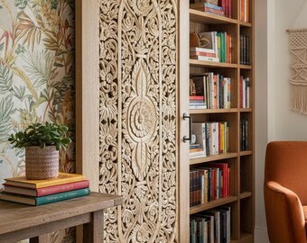 Boho Lotus Wood Wall Art | Handcrafted Wooden Divider or Decorative Door Panel Lattice Carved Room Divider | Farmhouse Decor 80x36