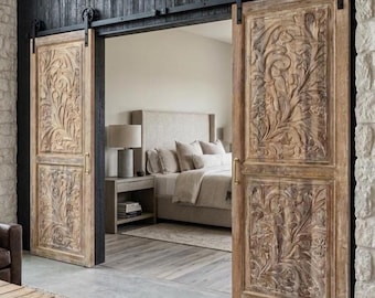 Rustic Modern Floral Carved Wood Entry Doors – Single or Double Sliding Barn Doors 96x36