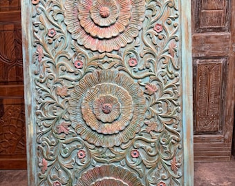 Vintage Boho Carved Wall Art Blue Patina Thousand Petal Lotus Headboard Custom Table 60x36