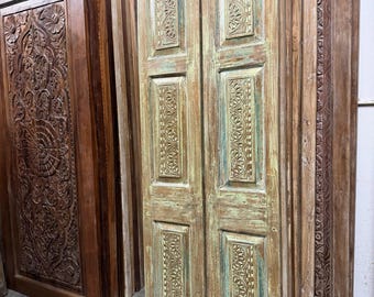 Artistic Carved Teak Wooden Double Doors: Vintage Green Hinged or Sliding Barn Door, 80x27