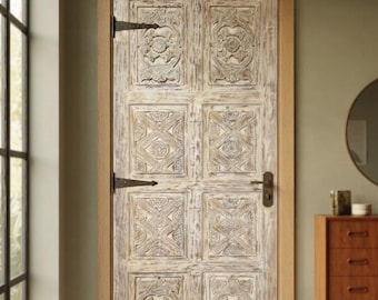 Antique Hand Carved Wood Door, Whitewashed Six Panel Door, Floral Medallion Design 96x48