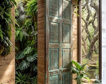 Vintage Blue Floral Carved Wood Hinged Doors: Rustic Farmhouse Barn Door, 96x36