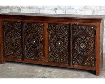 Mid Century Rustic Modern Ornate TV Sideboard with Carved Sunburst & Brass Studs 72X35