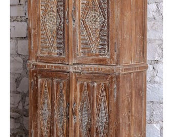 Antique Indian Armoire Ornate Carved Teak Cabinet Home Office Storage 70x36