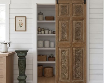 Antique Carved Wood Door: Custom Size Sliding or Hinged Door, Brass Studs (80x26.5)