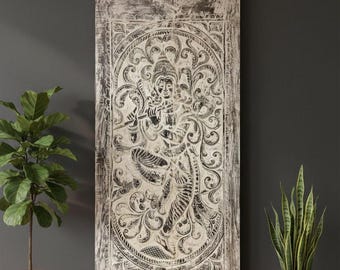 Krishna Carved Wood Wall Panel: Vintage Whitewash Indian Custom Barn Door (84x41)