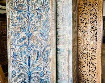 Blue Tree Of Life Door Hand Carved Door Interior Barn Door Wall Sculpture Vintage Indian Carving Custom Artisan Barndoor 84x40in