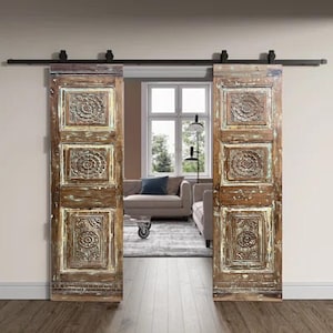 Antique Carved Teak Double Doors | Boho Farmhouse Barn Door Floral Vintage Artsy Statement Door | Custom Size | Natural Reclaimed Wood 80x42